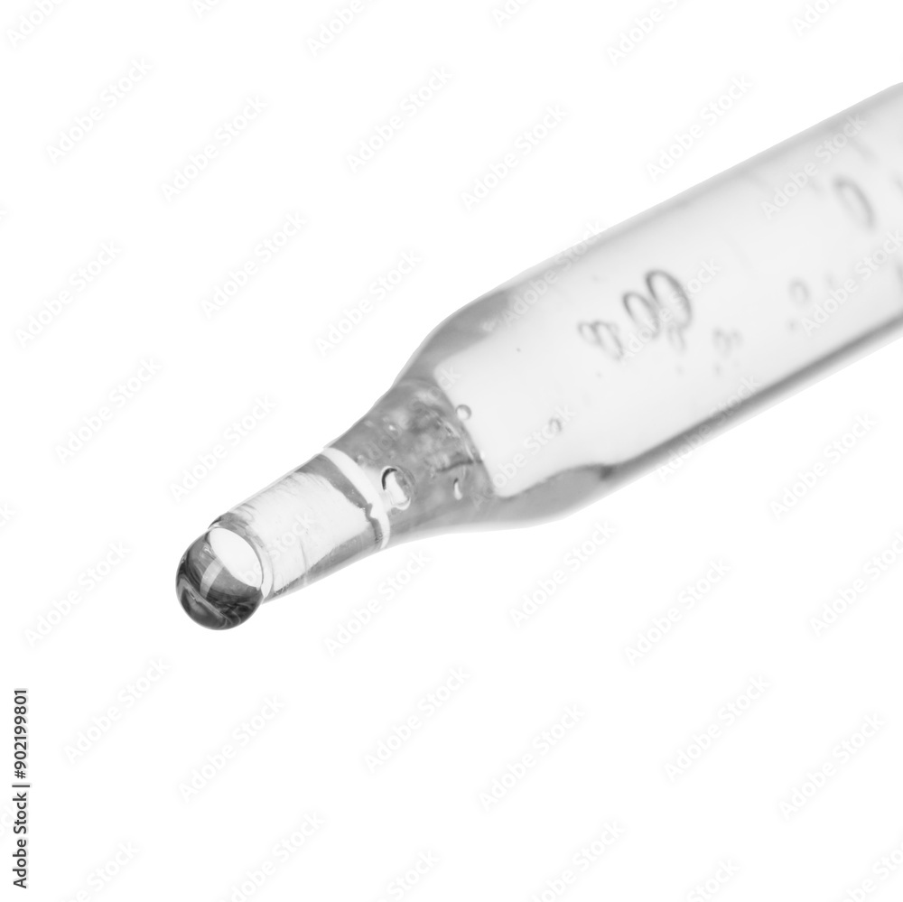 Dripping cosmetic serum from pipette on white background Dripping cosmetic serum from pipette on white background