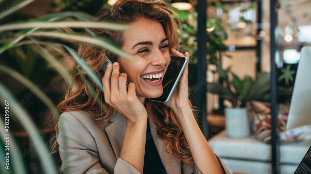 Happy businesswoman discussing with an associate on a phone call in office Happy businesswoman discussing with an associate on a phone call in office