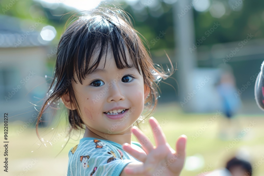 Smiling Young Girl in Casual Outfit, Waving and Looking Ahead Smiling Young Girl in Casual Outfit, Waving and Looking Ahead