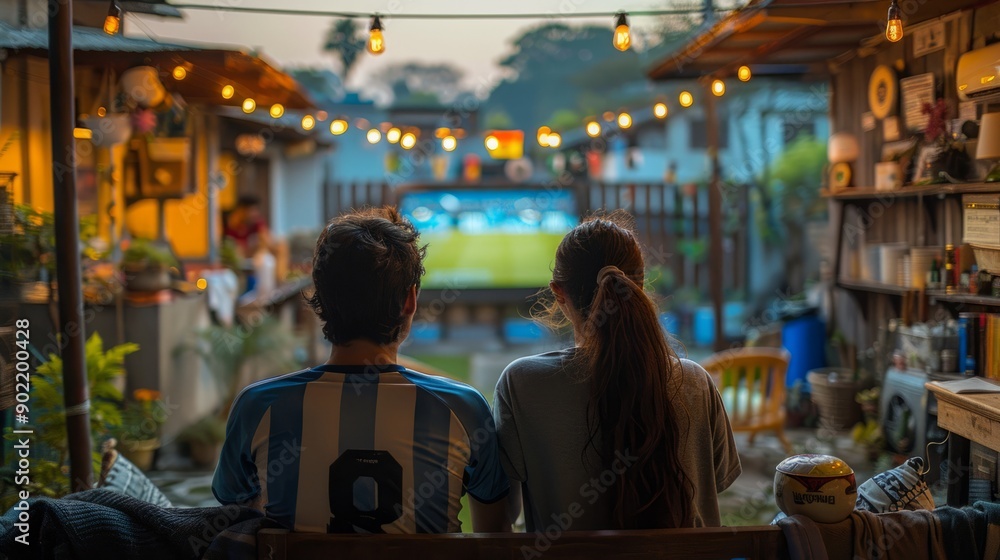 The Indian couple, wearing Argentina jerseys, sat on the couch, facing each other, sharing the Maggie Bowl and enjoying the Argentina game on television The Indian couple, wearing Argentina jerseys, sat on the couch, facing each other, sharing the Maggie Bowl and enjoying the Argentina game on television