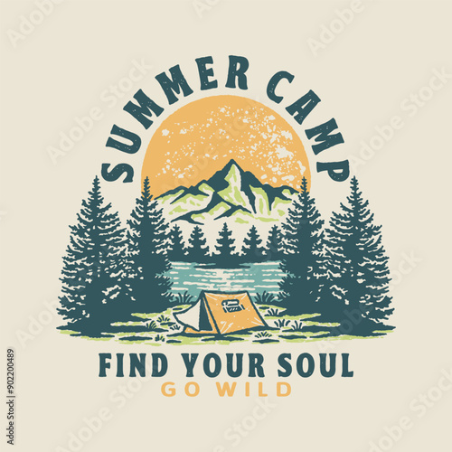 camping illustration mountains graphic lake design summer badge summer vintage drawing cartoon forest
