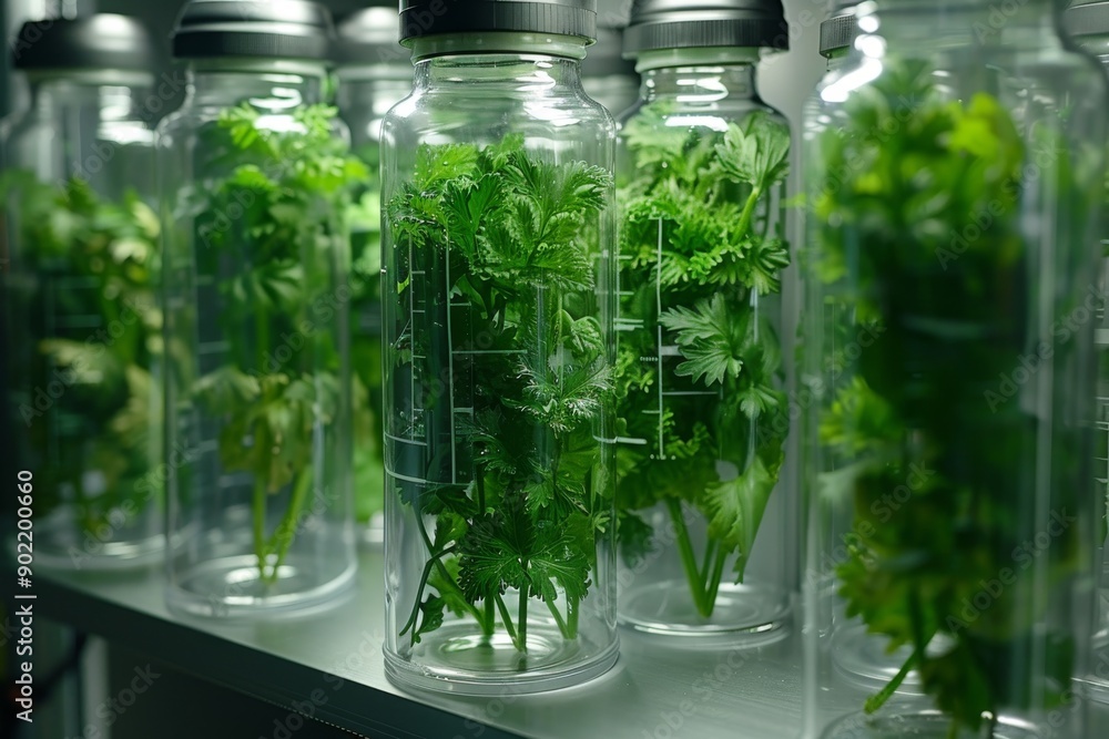 Green plants in glass jars with neon lighting highlighting modern agriculture and futuristic design