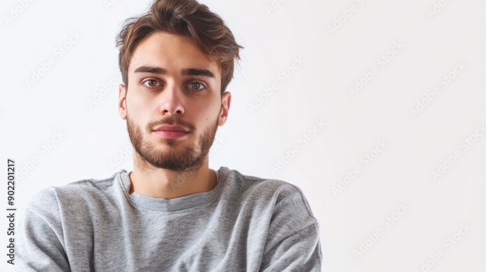 Portrait of a young man in a stylish grey sweatshirt looking confidently at the camera in a business casual fashion style Portrait of a young man in a stylish grey sweatshirt looking confidently at the camera in a business casual fashion style