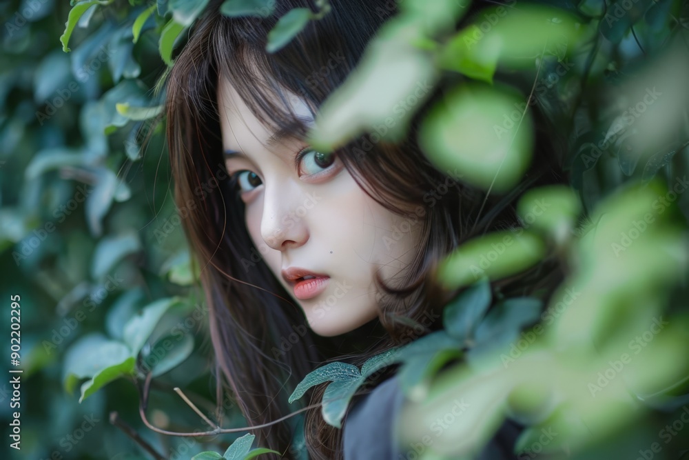 Young Asian Woman with Serene Expression, Hiding Behind Green Leaves Young Asian Woman with Serene Expression, Hiding Behind Green Leaves