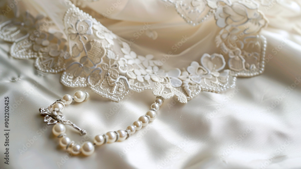 close-up shot of a delicate baptism gown laid out with a rosary, symbolizing purity and faith close-up shot of a delicate baptism gown laid out with a rosary, symbolizing purity and faith