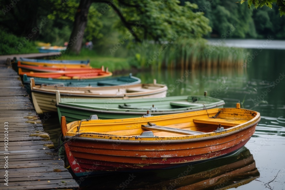 Row of colorful boats lined up at a dock Row of colorful boats lined up at a dock