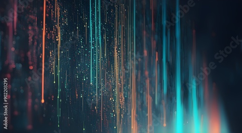 The image is a colorful abstract of lines and dots, with a blue