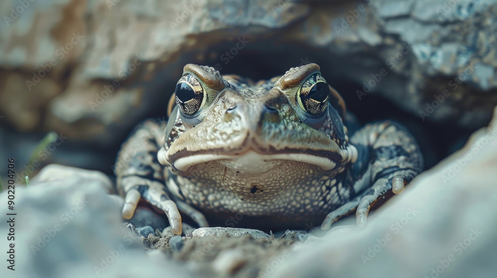 frog sits camouflaged in rocks, its large eyes staring intently at the camera. frog sits camouflaged in rocks, its large eyes staring intently at the camera.