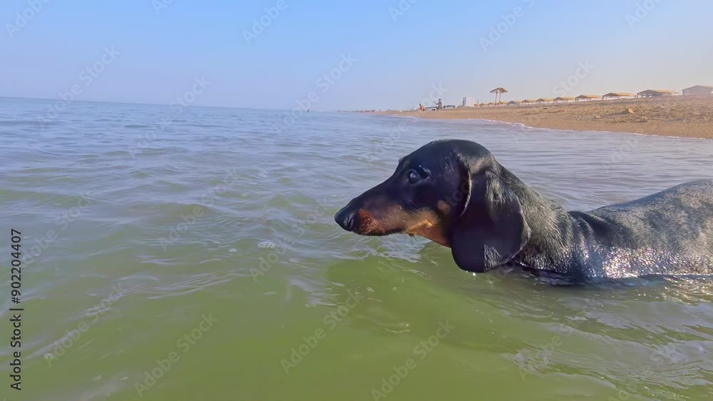 Dachshund dog enters sea along sand, swims in waves, enjoys rest, joyfully wagging tail, filmed at wide angle Active beach holiday with a pet, stress on the spine, veterinary exercises for back health Dachshund dog enters sea along sand, swims in waves, enjoys rest, joyfully wagging tail, filmed at wide angle Active beach holiday with a pet, stress on the spine, veterinary exercises for back health