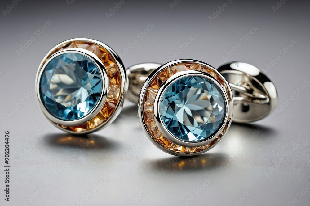 Topaz Cufflinks on Light Gray Background: A pair of topaz cufflinks positioned on a smooth, light gray background. Topaz Cufflinks on Light Gray Background: A pair of topaz cufflinks positioned on a smooth, light gray background.
