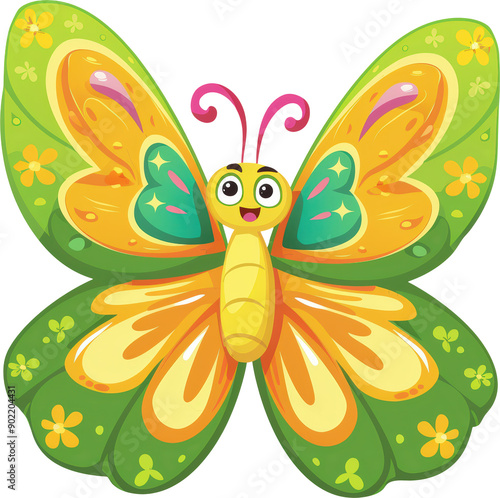 Smiling cartoon butterfly with green and orange wings.