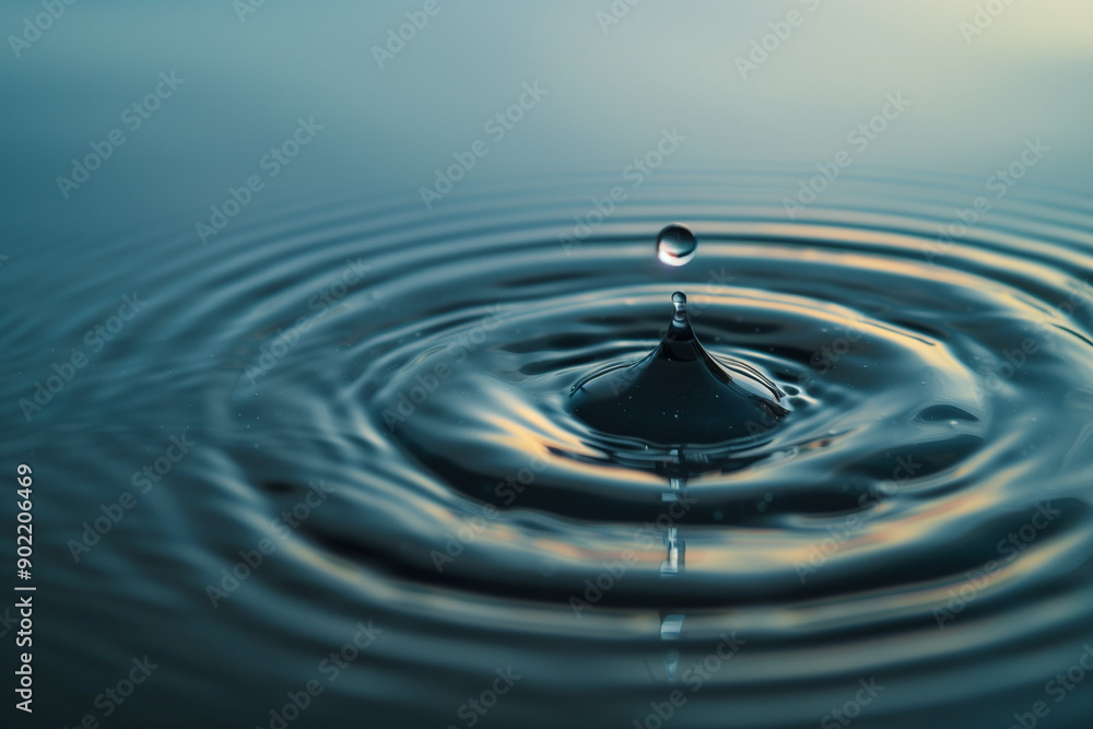 A mesmerizing close-up shot of a single water droplet captured at the moment of impact, creating a stunning symmetrical splash on a serene water surface with subtle reflections and ripples A mesmerizing close-up shot of a single water droplet captured at the moment of impact, creating a stunning symmetrical splash on a serene water surface with subtle reflections and ripples