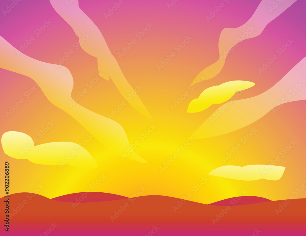 Fototapeta premium Illustration of a yellow and purple sunset with clouds over rolling hills