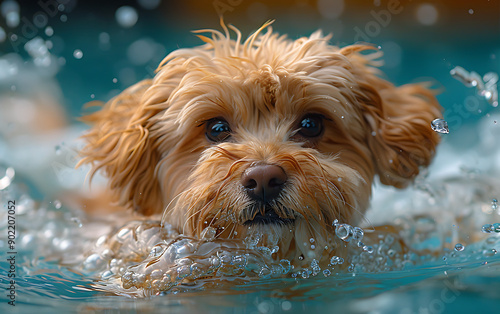 Adorable Light Yellow Cockapoo Swimming Underwater with Oversized Ears