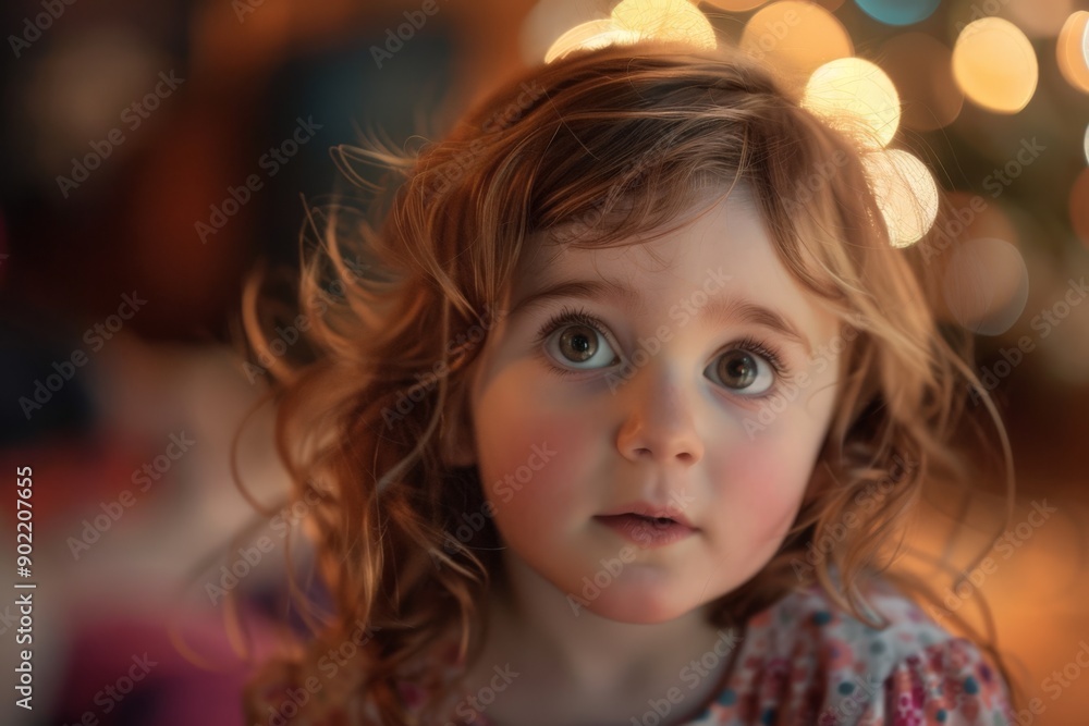 Curious Child with Wide Eyes, Blurred Background, Festive Mood Curious Child with Wide Eyes, Blurred Background, Festive Mood