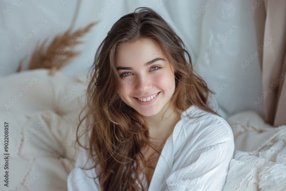 Smiling woman in white top, with long brown hair, sitting on white couch. Smiling woman in white top, with long brown hair, sitting on white couch.