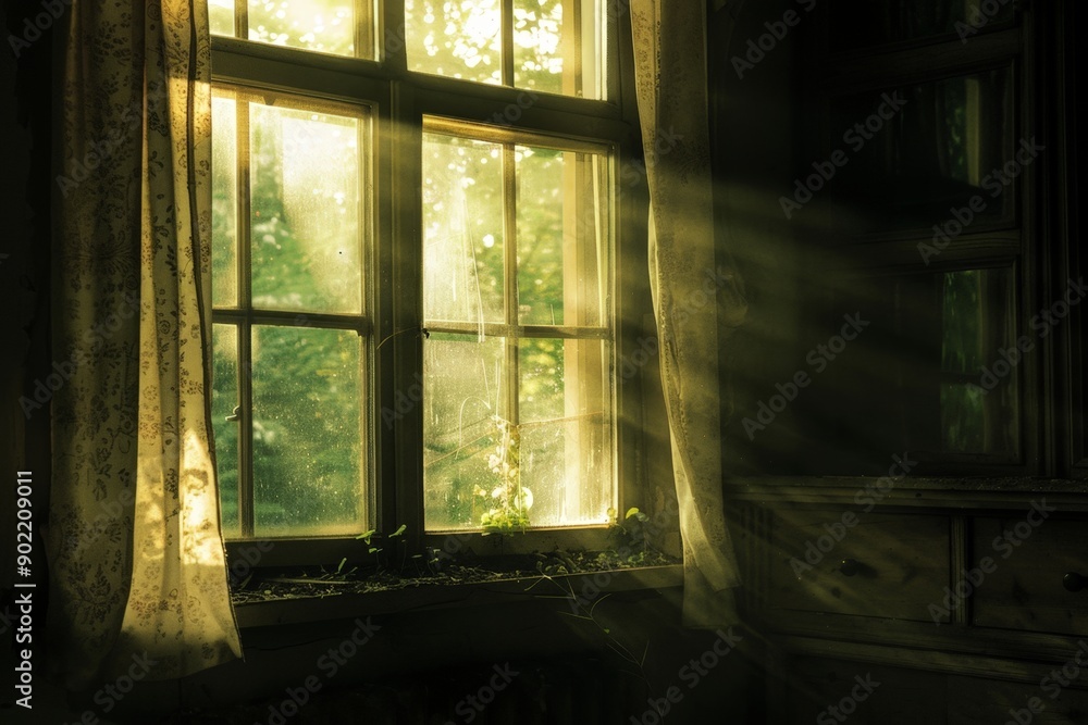 Sunlight Streaming Through Window, Illuminating Green Plant Sunlight Streaming Through Window, Illuminating Green Plant