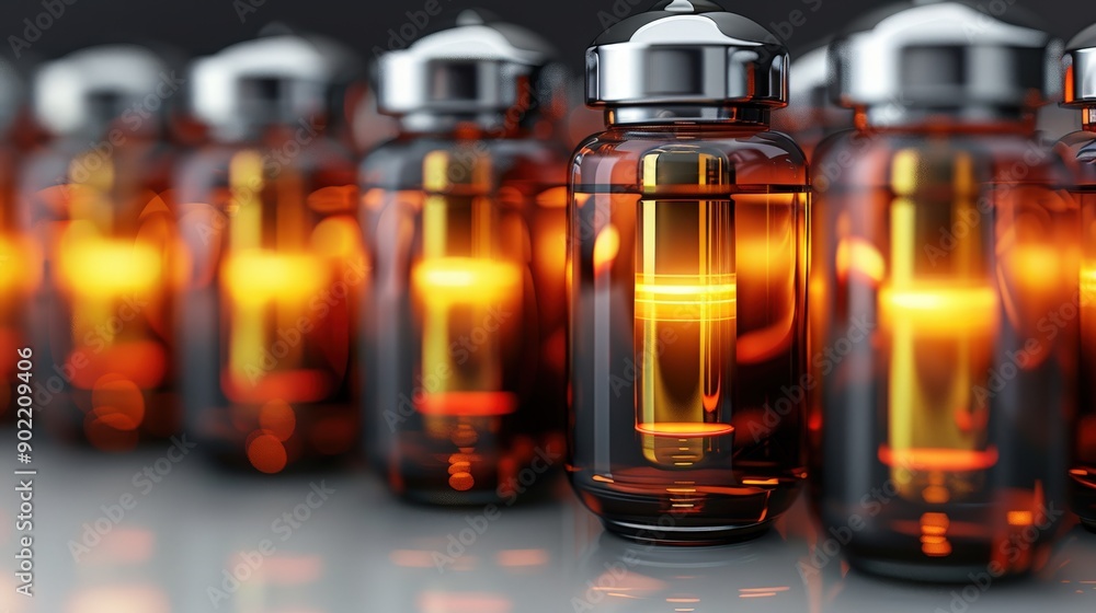 A row of amber glass vials illuminated with a warm glow, ideal for pharmaceutical or cosmetic product representations. A row of amber glass vials illuminated with a warm glow, ideal for pharmaceutical or cosmetic product representations.