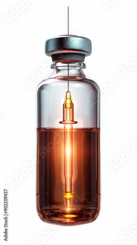 A sterile glass vial containing amber liquid, symbolizing medicine, healthcare, and pharmaceutical innovations. © lertsakwiman