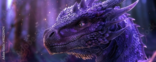 Close-up of a mystical purple dragon in an enchanted forest, fantasy art photo