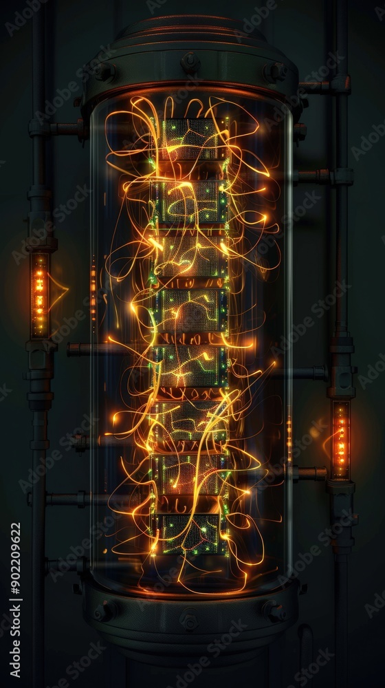 Fototapeta premium An abstract representation of electronic circuits with glowing wires and tubes, showcasing the beauty of technology and innovation.