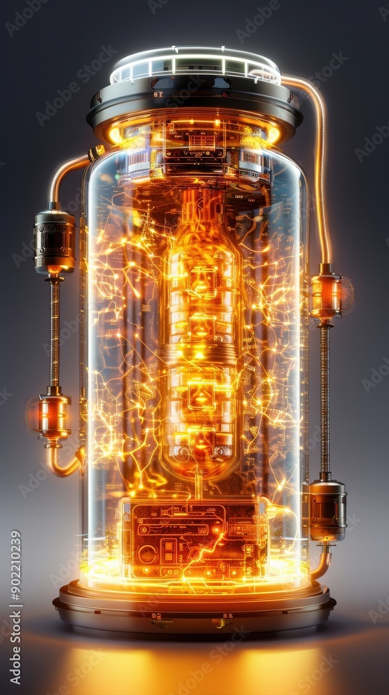 Futuristic energy generator with glowing wires and vibrant lighting in a glass container, symbolizing advanced technology. Futuristic energy generator with glowing wires and vibrant lighting in a glass container, symbolizing advanced technology.
