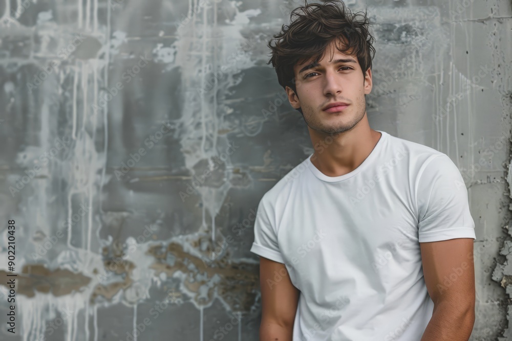 Young Man Leaning Against Textured Wall Young Man Leaning Against Textured Wall