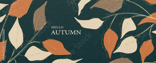 Abstract autumn art background with leaves on branches with line elements in modern style. Botanical fall banner for decor, cover, poster, packaging, greetings, social media.