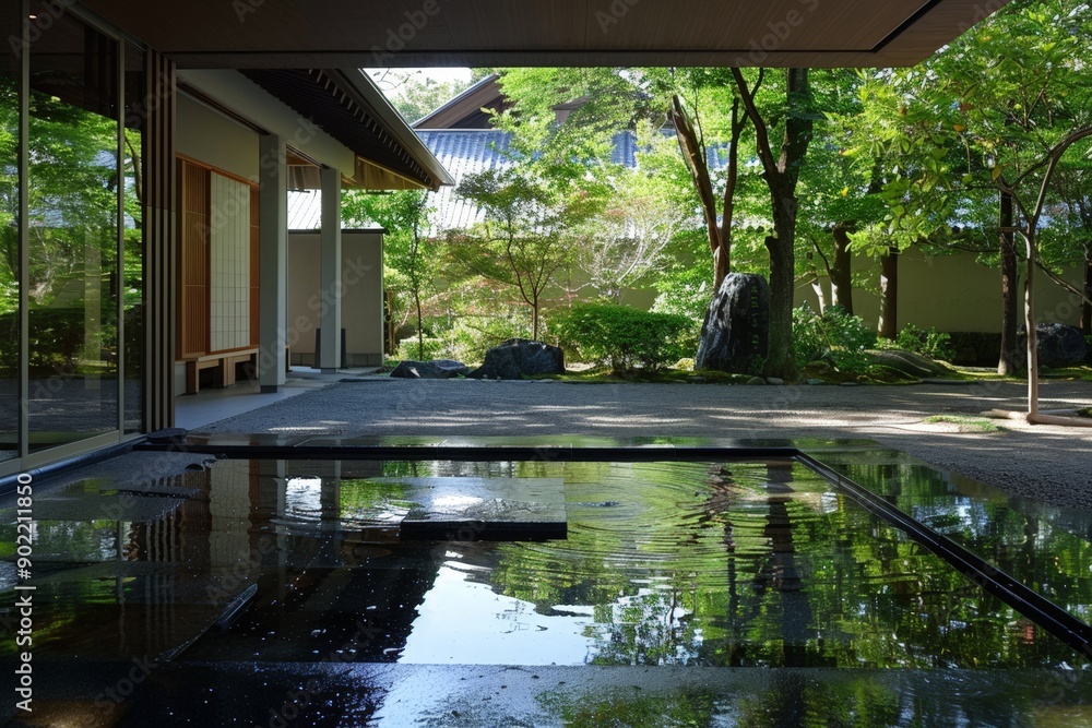 Modern Courtyard with Water Feature and Trees Modern Courtyard with Water Feature and Trees