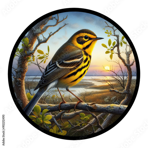 A circular 3D rendered watercolor painting of a male  Prairie Warbler, isolated on a transparent background
 photo