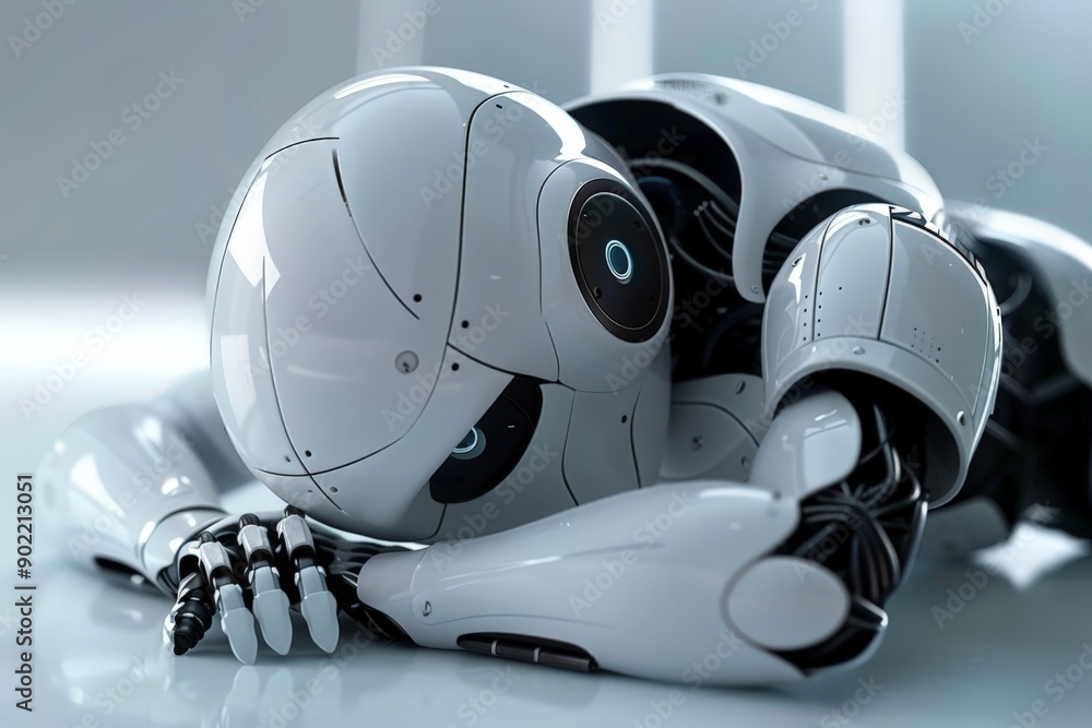 Robot's Rest: Futuristic Humanoid Drops Head on Glossy Surface Robot's Rest: Futuristic Humanoid Drops Head on Glossy Surface