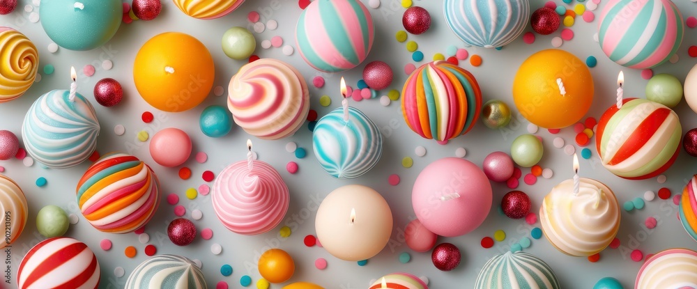Round Colorful Happy Birthday Candles On A White Background, Confused From Above, Creating A Playful Scene Round Colorful Happy Birthday Candles On A White Background, Confused From Above, Creating A Playful Scene