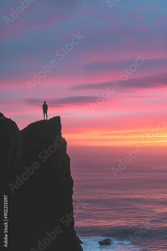 Solitary Contemplation at Sunset on a Cliff Overlooking a Serene Ocean photo