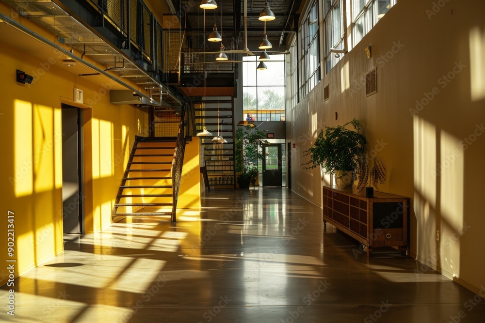Brightly Lit Industrial Office Space with Modern Furniture and Large Windows Brightly Lit Industrial Office Space with Modern Furniture and Large Windows