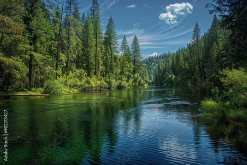 Peaceful River Scene with Tall Trees and Clear Sky