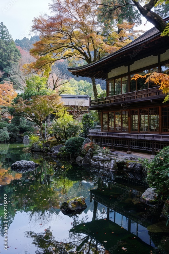 Japanese Zen Temple Surrounded by Colorful Autumn Trees Japanese Zen Temple Surrounded by Colorful Autumn Trees