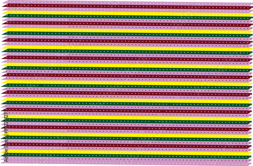 The design features a pattern consisting of horizontal stripes in various colors, including yellow, green, purple, and pink. Between these colored stripes are thinner white stripes. Each colored strip