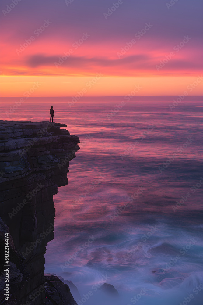 Solitary Contemplation at Sunset on a Cliff Overlooking a Serene Ocean