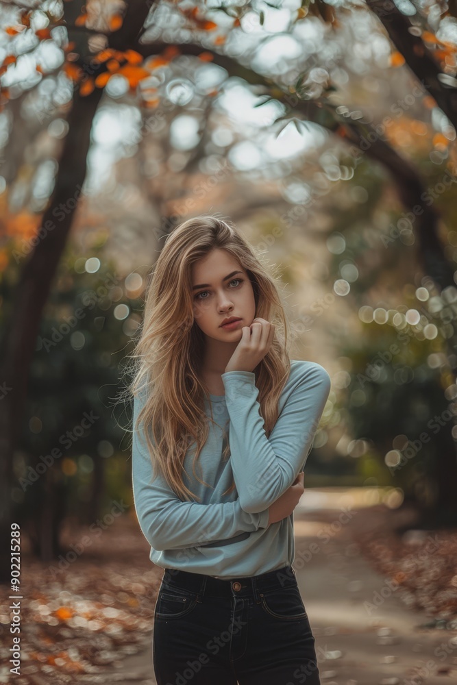 Contemplative Woman in Nature, Hands in Pocket, Fall Colors Contemplative Woman in Nature, Hands in Pocket, Fall Colors