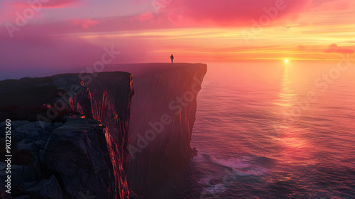 Solitary Contemplation at Sunset on a Cliff Overlooking a Serene Ocean photo