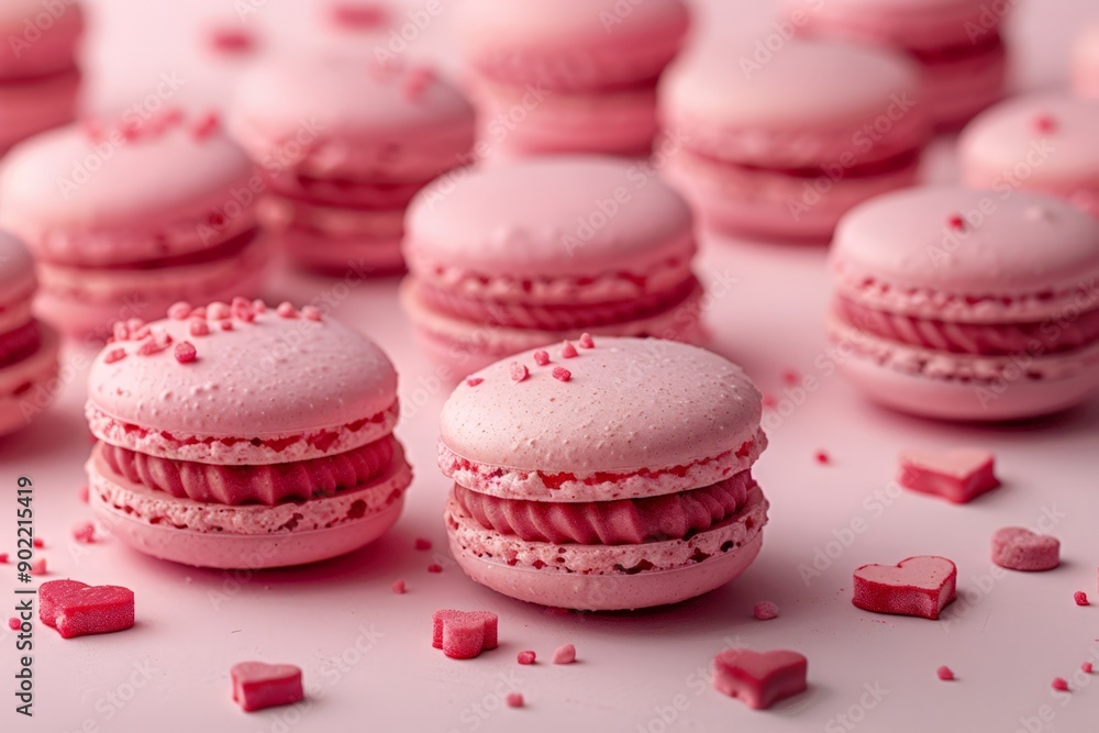 Pink Macarons with Heart Shapes on a Plain Background Pink Macarons with Heart Shapes on a Plain Background