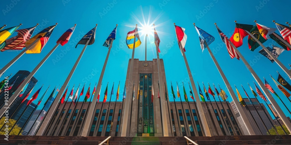 Obraz premium United Nations Building with Flags Flying in Front of Clear Blue Sky