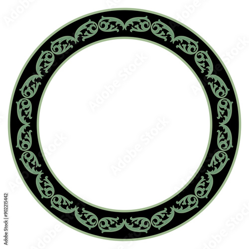 Round circular border or frame with abstract vintage medieval or baroque motifs. Green floral silhouettes in a ring circle.