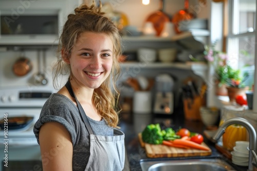Young woman in kitchen, smiling and preparing vegetables on cutting board.