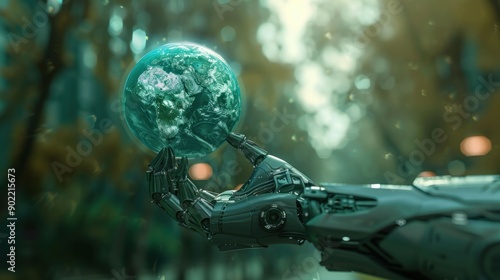 Futuristic robotic hand holding a globe in lush forest environment symbolizing unity and sustainability in global travel and business © SHOTPRIME STUDIO