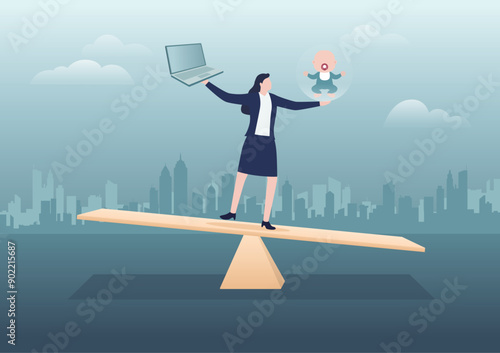 Woman keeping balance between career and family. Work life balance concept. Choice, comparison of business, job and mother housewife with child, baby.
