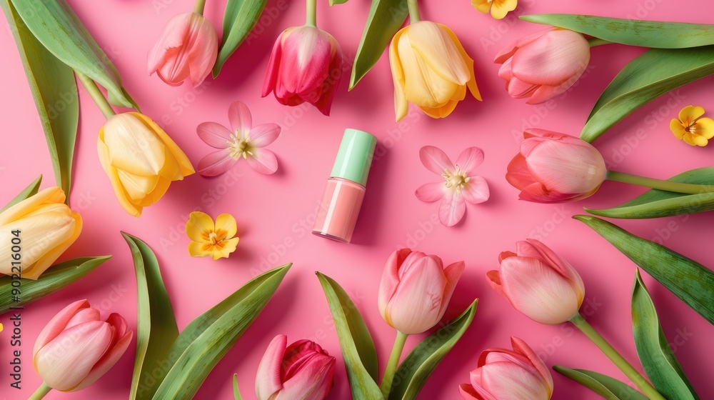 Spring nail polish set with pink yellow and green shades and tulip flowers on a pink backdrop Spring nail polish set with pink yellow and green shades and tulip flowers on a pink backdrop