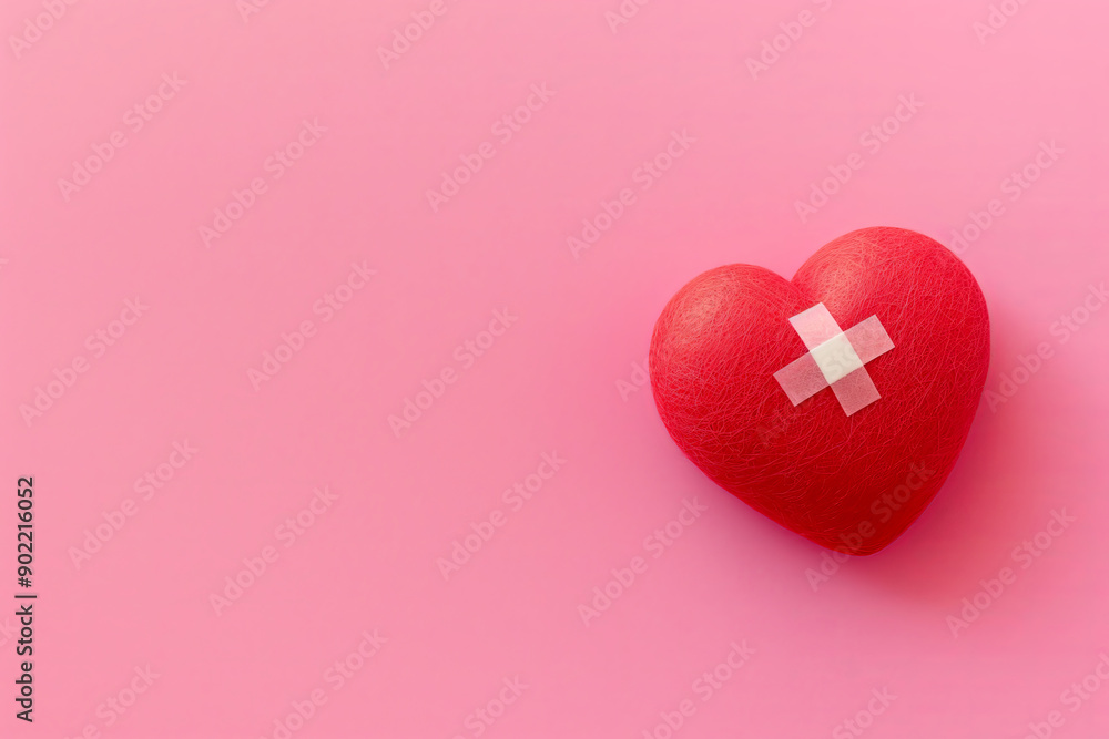 Red heart with plaster on pink copy space