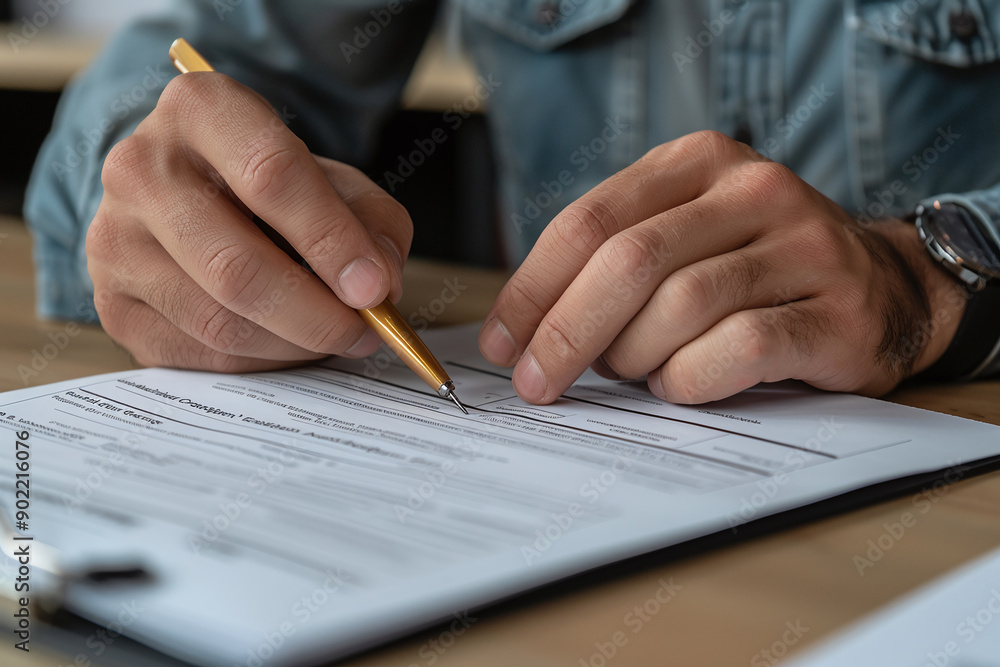 Photograph of a Candidate Filling Out an Application Form: A job candidate filling out a job application form at a desk. Photograph of a Candidate Filling Out an Application Form: A job candidate filling out a job application form at a desk.