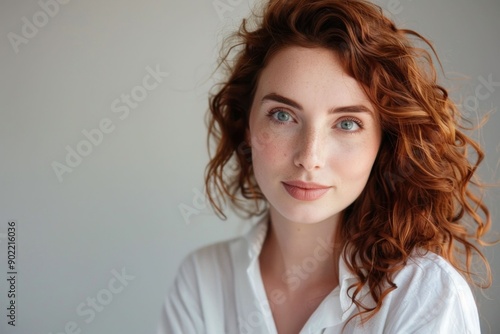 Portrait of a young woman with red hair and blue eyes looking at the camera in a stunning image of beauty and elegance